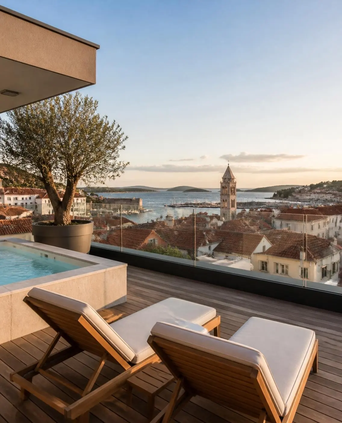 Dachterrasse mit kleinem Pool über den Ziegeldächern einer dalmatinischen Altstadt mit Glockenturm und Hafen