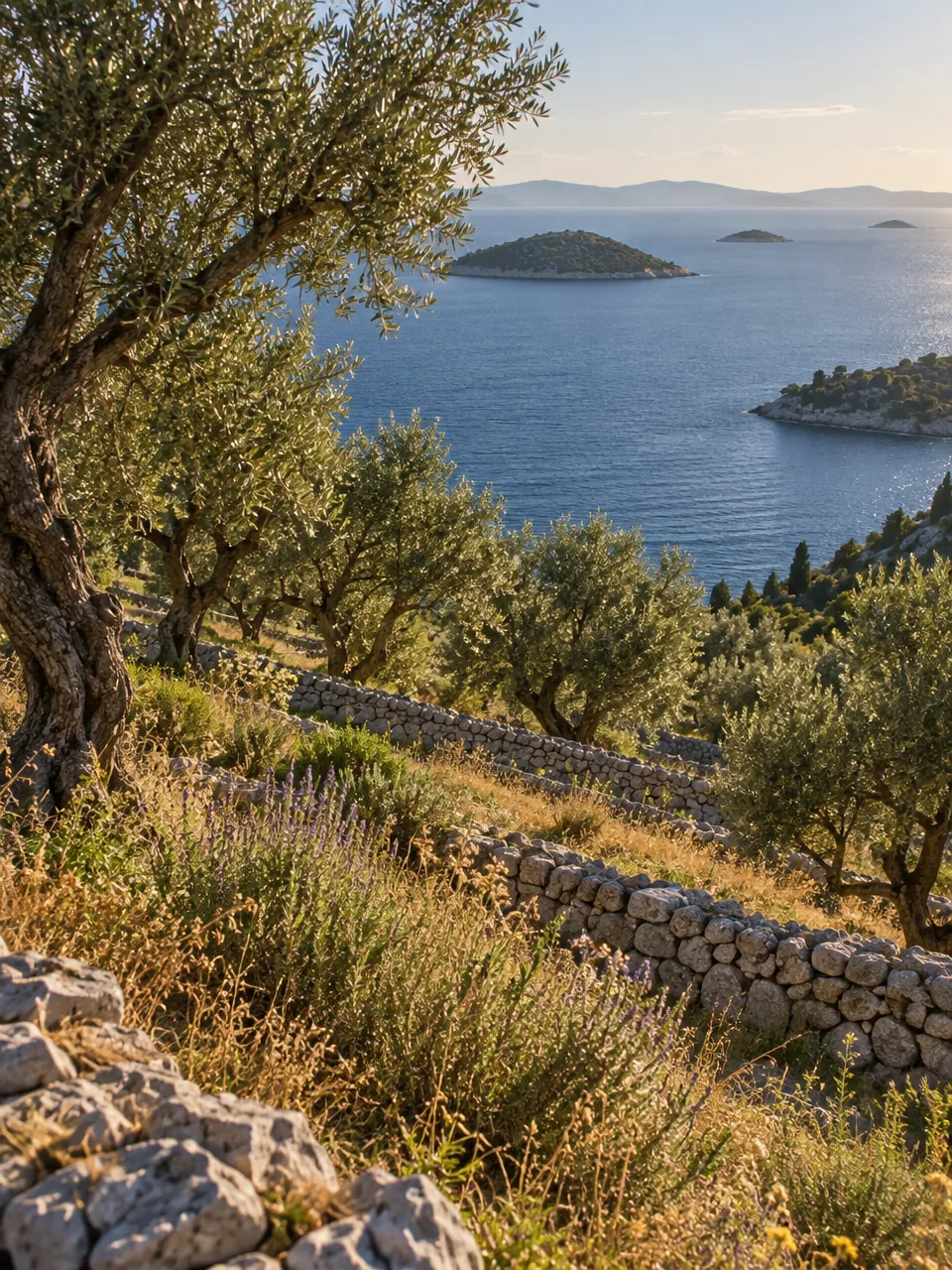 Alter Olivenhain auf Steinterrassen mit Trockenmauern über dem Meer und vorgelagerten Inseln