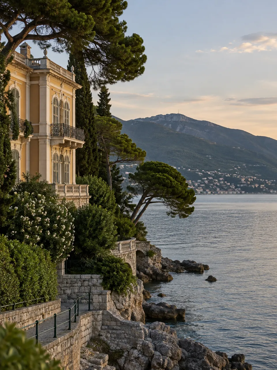 Historische Villa zwischen Pinien an der Kvarner-Bucht mit dem Učka-Gebirge im Abendlicht